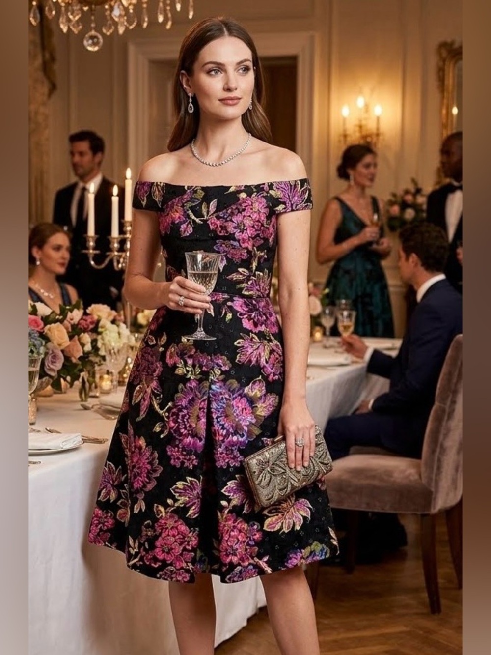 ADRIANNA PAPELL Garden Party Metallic Floral Jacquard Off Shoulder Dress 6 NWT